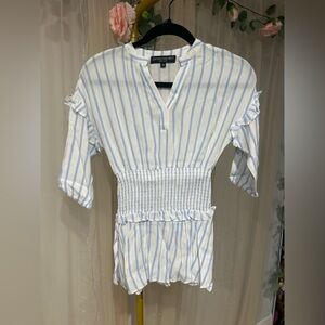 Central Park West Girls Striped Smocked Waist Blouse Youth Medium Blue White